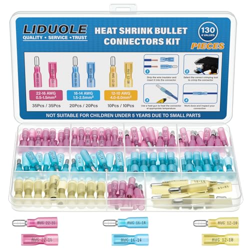 130Pcs Heat Shrink Bullet Connectors 22-10 AWG Bullet Connector Terminals Set Male Female Electrical Wire Terminal Connectors Assortment Kit for Wiring