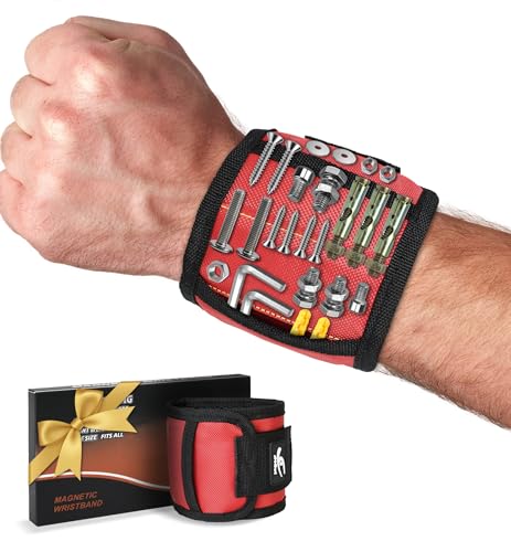 HiRui Magnetic Wristband for Tools – Ultra-Strong 15 Neodymium Magnets Hold Screws, Nails & Bits, Dual Pockets – Hands‑Free for DIY, Home Repairs, Auto – Gift‑Ready for Dad, Husband, Grandpa (Red) - color: Red