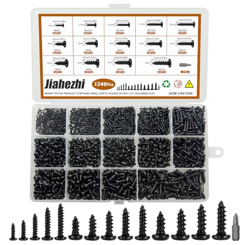 1240Pcs Self-Tapping Screws Assortment Kit - Phillips Pan Head Wood Screws, M1-M4 Black Carbon Steel Metric Screw Set, 14 Sizes for Wood Plastic Metal, DIY Furniture Cabinet Electronics - size: M1/1.2/1.4/1.7/2.5/3/4-1240Pcs