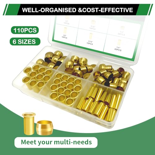 110pcs Brass Compression Sleeves Ferrules Inserts Fittings Kit | 3/8" 5/16" 1/4" 3 Sizes Air Hose Repair Kit of Air Water Fuel Oil Gas Tube Lines - color: 110PCS Brass Compression Sleeves Ferrules Inserts