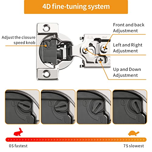 Chibery 10 Pack 1/2" Overlay 4D Soft Close Concealed Hinges for Face Frame Door, Adjustable Closing Speed, Smooth Slow Self Close Hinges, Satin Nickel, 105° Open Angle Stainless Steel Cabinet Hinges - color: 10 Pack, size: 1/2 inch Overlay