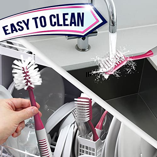 Dish Brush Set of 4 - Kitchen Scrub Brushes with Non-Slip Long Handle for Cleaning, Scrubber, Dishwashing, Dishes, Bottles, Straws, Cups, Pots & Sink, Red - color: Red