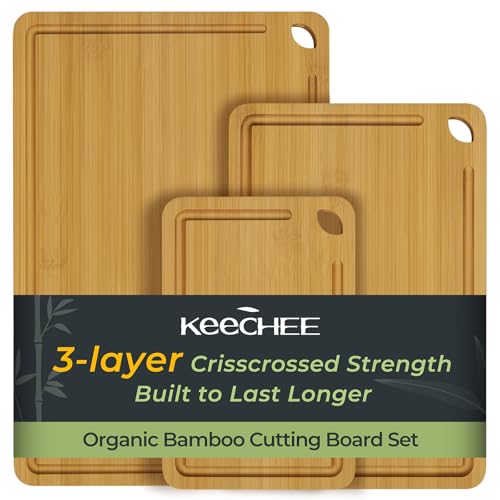 Keechee Wood Cutting Board, Durable Bamboo Cutting Boards for Kitchen with Deep Juice Grooves & Built-in Handles, Ideal Charcuterie & Chopping for Meat, Vegetables and Fruits Ideal Kitchen Gifts - color: Bamboo, size: 3-Piece