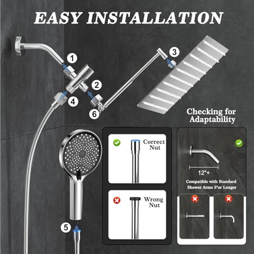 12 Inch Shower Head, Rain Shower Head with Adustable Extension Arm, Detachable Silver Rina Shower Head with Handheld Spray, High Pressure Shower Hose with Holder in Bathroom(Silver) - color: Silver, size: 12 Inch