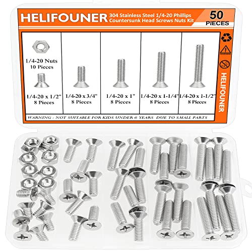 HELIFOUNER 50 Pieces 1/4-20 x 1/2" 3/4" 1" 1-1/4" 1-1/2" Phillips Countersunk Head Screws Nuts Washers Assortment Kit, Coarse Thread, Fully Machine Threaded, 304 Stainless Steel - size: 1/4-20