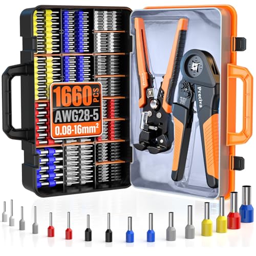 Preciva Ferrule Crimping Tool Kit with Wire Stripper, Quadrilateral Ferrule Crimper for AWG 28-5（0.08-16mm²） Self-Adjustable Ratchet Ferrule Terminals Crimping Tool with 1660Pcs Ferrules Connectors - size: Quadrilateral Ferrule Crimping Tool Kit