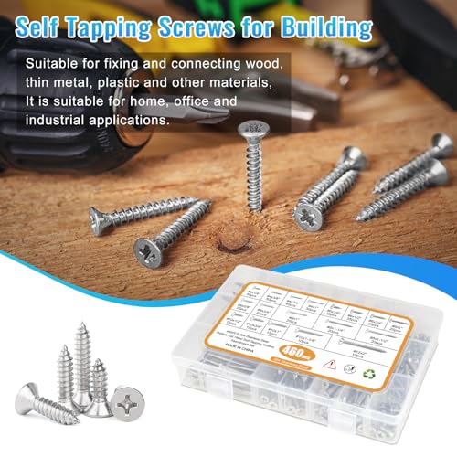 460PCS Stainless Steel Wood Screws Assortment Kit, 18 Sizes #4#6#8#10#12 Flat Head Sheet Metal Screws Self Tapping Screws Set for Wood Deck Drywall Concrete Screws, Length 1/4" to 2" - style: Silver Flat Head 460PCS