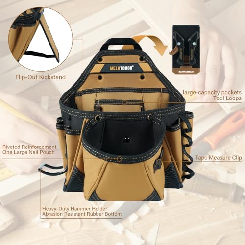 MELOTOUGH Contractor Electrician Tool Pouch - Nail Screw Work Framer Belt With Hammer Loop Clip-on Utility Organizer and Kickstand Back - color: Khaki Tool Pouch