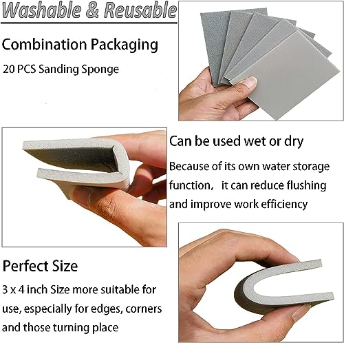 Tonmp 20 PCS 3 x 4 Inch 400 Grit Sanding Sponge Set, Ultra Fine Sanding Sponges Pads, Soft Foam Hand Sander Block Wet Dry Sandpaper for Model Drywall Metal Wood Furniture Polishing (400 Grit) - style: 400 Grit
