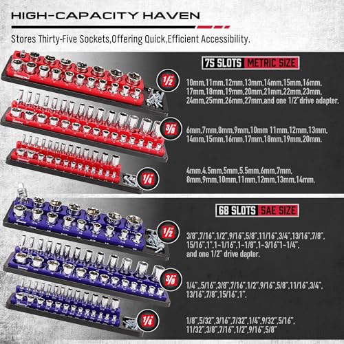 Magnetic Socket Holder Organizer Set: 6-Piece Detachable 1/2 3/8 1/4 Drive Sockets Storage Tray Magnetic Socket Organizer Tool Box Drawer Tool Box Organizers Storage Metric SAE (Sockets Not Included) - style: 6-Piece Trays w/ Base (Holds 143)