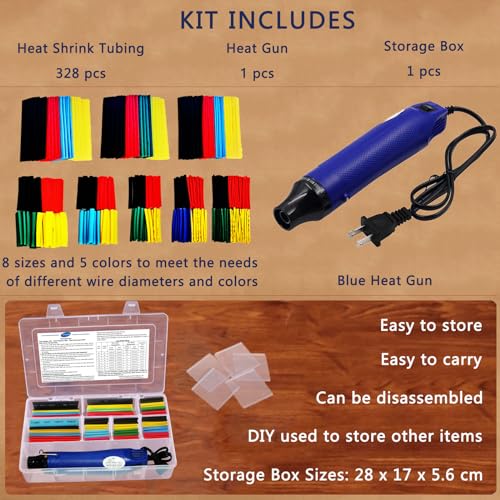 Heat Gun for Shrink Tubing - 328pcs 2:1 Wiring Heat Shrink tubing + 300W Shrink wrap Heat Gun with Case. - size: Shrink Ratio 2:1 with case