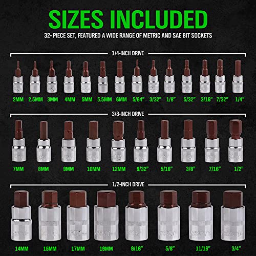 SWANLAKE 32 Piece Hex Bit Socket Set,SAE and Metric, 1/4'', 3/8', 1/2'' Drive Socket Set, S2 & Cr-V Steel - style: 32-Piece Hex Bit Socket