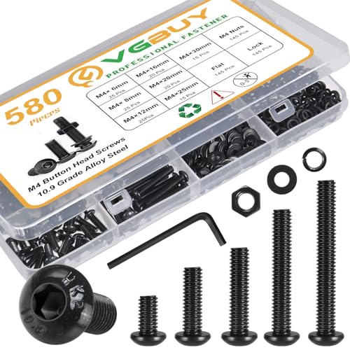 VGBUY 580Pcs M4 Screw Kit, Black M4 Screws Bolts, 6/8/12/16/20/25/30mm Metric Button Head Cap Screw Assortment Kit with Washer Nuts,10.9 Grade - size: M4x6/8/12/16/20/25/30mm, style: Button Head