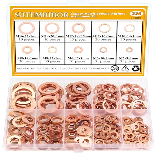 228 Pieces 10 Sizes Copper Washers Kit - Metric Flat and Sealing Metal Washers (M5 M6 M8 M10 M12 M14 M16) - color: Copper