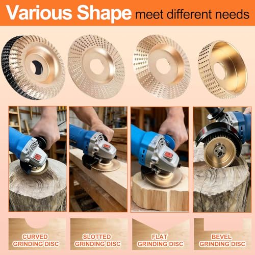 14PCS Angle Grinder Wood Carving Disc Set - 5Pcs 4"/4.5" 45# Carbon Steel Discs with 5 Rotary Burrs & 4 Adapter Rings, for Cutting, Polishing & Sculpting Hardwood/Softwood
