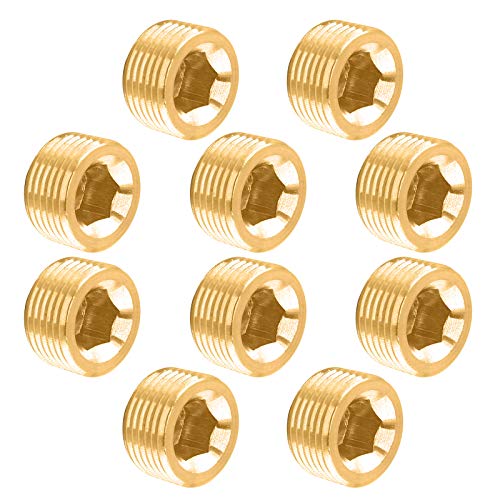 Glarks 10Pcs Brass 1/4'' NPT Male Pipe Plug Fitting Set Internal Hex Thread Socket Pipe Plug Kit - size: 1/4''NPT