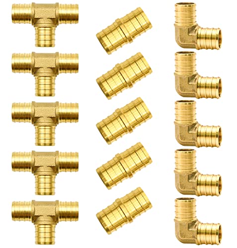 15pcs 3/4" Brass PEX Fittings, Elbow TEE Straight Couplings Set | for PEX Pipe - size: 3/4"-15pcs