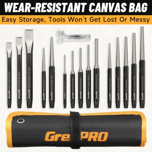 GRENPRO 16‑Piece Heavy Duty Punch Chisel Set, 40CrV with Storage Pouch