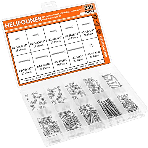 HELIFOUNER 240 Pieces #2-56 Phillips Countersunk Head Machine Screws Nuts Assortment Kit, Coarse Thread, Fully Machine Threaded, 304 Stainless Steel - size: #2-56