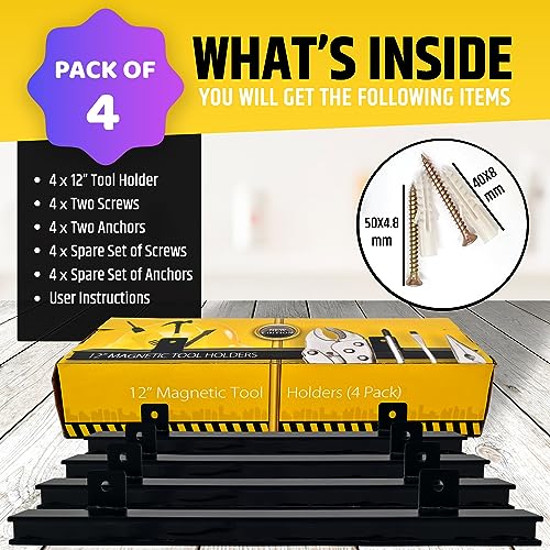 12" Heavy-Duty Magnetic Tool Holders (4 Pack - 48" Total) - Extremely Powerful Magnetic Pull Force to Hold Heavy Tools (Upgraded Version) - Professional Tool Bars/Strips Organizer - size: 12" - 4 Pack