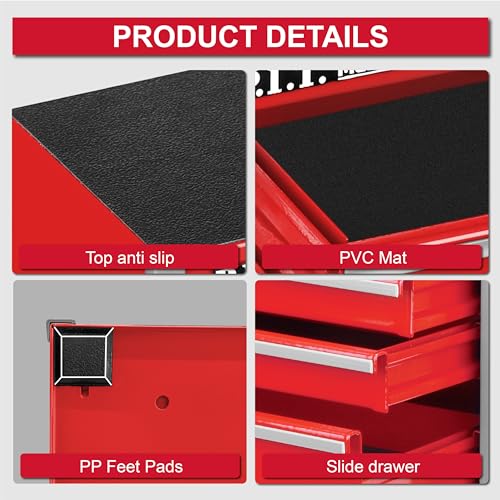 P.I.T. Mini Tool Box,Small Metal Toolbox Organizer with 5 Drawers,Red | 8.6"W X 4.6"D Cute Size,Q235 Steel,Magnetic Locking Mechanism,PVC Drawer Liners - color: Red, size: 5-Drawer