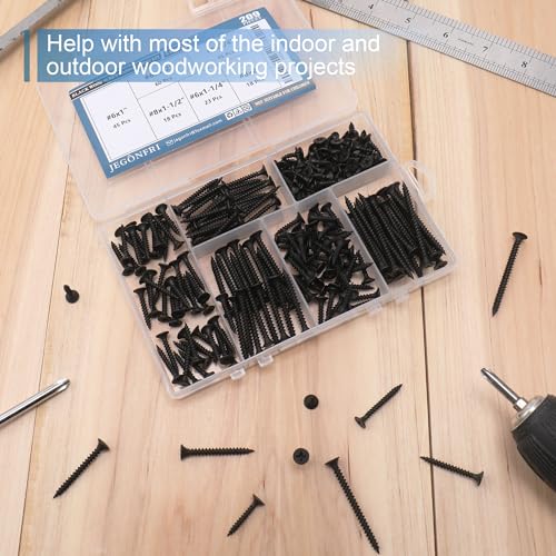209PCS Black Wood Screw Assortment Kit, 6 Sizes Flat Head Phillips