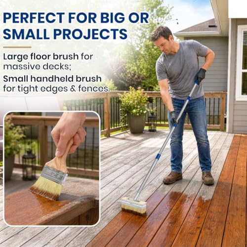 MAVRIZ Deck Stain Brush with 59" Long Handle, Heavy Duty Large Deck Stain Applicator with 3" Small Paint Brush Set for Staining Wood, Fence, Wall, Furniture
