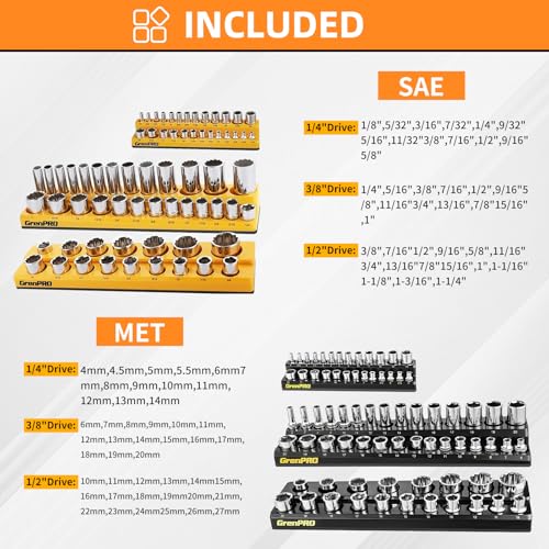 GRENPRO 8-Piece Professional Tool Organizer Set: 6-Piece Magnetic Socket Organizer & 2-Piece Wrench Holders for 1/4", 3/8", 1/2" Drive SAE & Metric Sockets and Wrenches | Saves Space & Easy Access