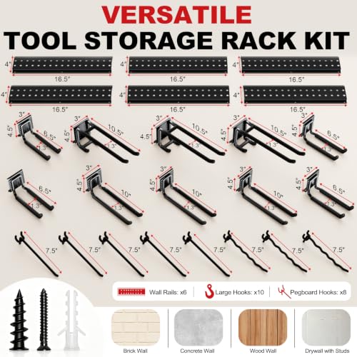 Garage Tool Organizer Wall Mount 99 inches with 18 Adjustable Heavy-Duty Hooks, Garage Organization, Garden Tool Storage Rack, Yard, and Shed, Holds Up to 750 lbs - size: 99" | 6 Panels + 18 Hooks