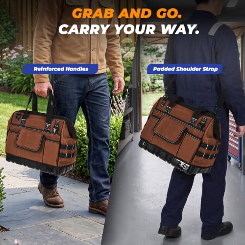 Heavy Duty Canvas Tool Bag, Wide Mouth Tool Tote Organizer - color: Brown