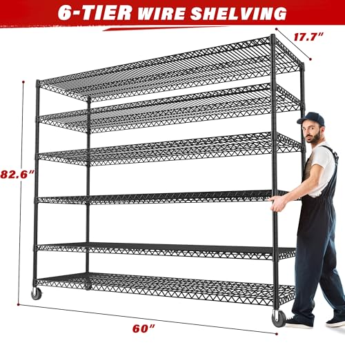 REIBII 60" W 6-Tier Wire Shelving with Wheels & Feet, 3598 lbs, for Garage - size: 6-Tier,60" W X 82.6" H X 17.7" D