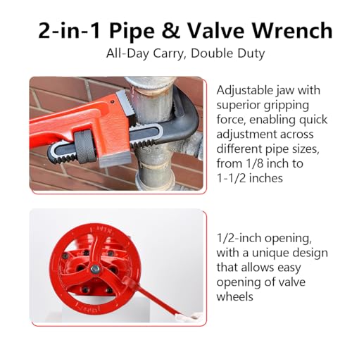 10" Double-Ended Valve Wrench 1/2" Opening & Pipe Wrench 1/8" - 1-1/2" - size: 10 Inches