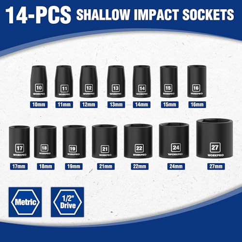 WORKPRO 1/2” Drive Shallow Impact Socket Set, Metric Cr-V Steel 6-Point Socket Set with Storage Case for Automotive Maintenance and Repairs (14PCS 10-27mm) - size: 14 PCS, Metric
