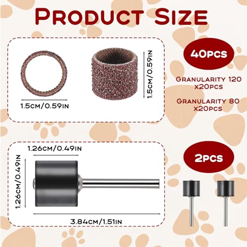 Dimeho 42 Pcs Pet Nail Grinder Replacement Kit with Grit Sanding Bands Pet Dog Nail Smoother Sanding Drum Set Pet Claw Grooming Supplies for Dog Claw Care (80#/120#)