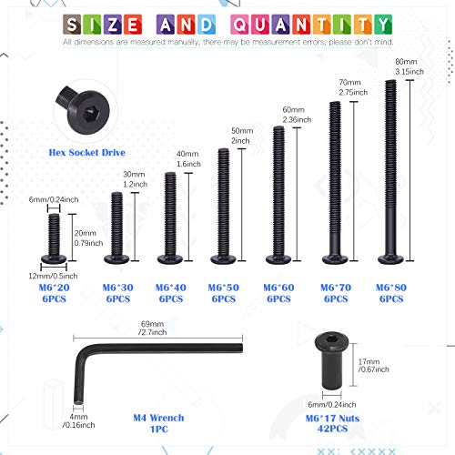 Glarks 85Pcs M6x20/ 30/40/ 50/60/ 70/ 80mm Black Hex Drive Socket Cap Bolts Kit, Allen Head Countsunk Furniture Crib Bolts Nuts Screws for Chair Table Cabinets - size: M6x20/30/40/50/60/70/80mm