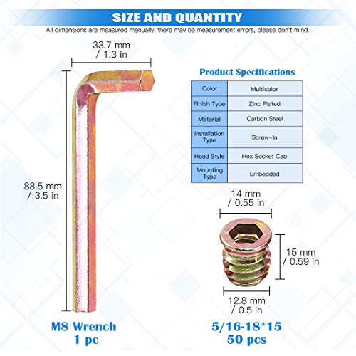 Glarks 50Pcs 5/16"-18 x 15mm Threaded Inserts Nuts Zinc Plated Carbon Steel Hex Socket Drive Furniture Flanged Screw-in Nut with M8 Hex Wrench for Wood Furniture (5/16''-18 x 15mm) - size: 5/16"-18 x 15mm
