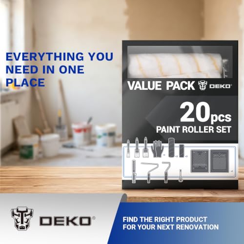 DEKOPRO Paint Roller Kit, 20-Piece Paint Roller Set with Microfiber Sleeves & Frame, Tray, Flat Brush, 4" & 9" Paint Rollers for Walls, Cabinets, Interior, Exterior, House Painting Supplies