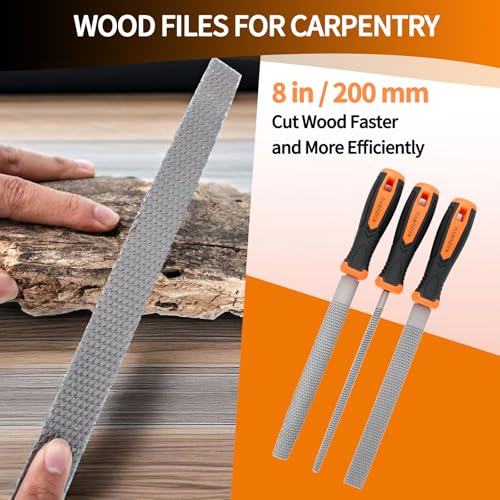 KUZURYU Woodworking Rasp Set – 3PCS Multi-Shape Precision Wood Files（Flat, Half-Round, Round） with Ergonomic Handles for Carpentry, DIY, and Wood Restoration - size: Wood File - 3 pcs