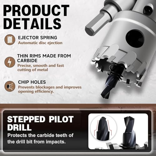 Metal Hole Saw 1-1/8"(28mm) 2Pcs Set Heavy Duty Tungsten Carbide Tipped Hole Cutters Set with a nitrided Step Drill and L-flench, for Steel Iron,Aluminum,Stainless stell,Plastic - size: 1-1/8"(28mm)-2PCS