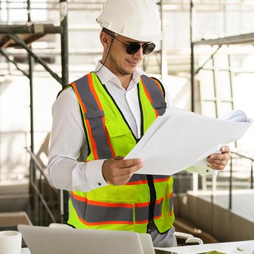 A-SAFETY Mesh High Vis Vest, Reflective Construction Vest with Pockets - color: Yellow, size: Large