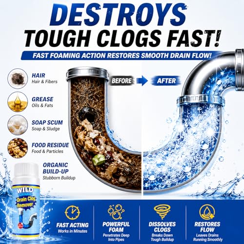 Drain Clog Remover Powder 4 Pack, Sink & Drain Cleaner Fast-Acting Foaming for Hair, Grease, Kitchen Sink & Toilet Clogs, Powerful Pipe Cleaning Solution for Showers & Drains, 480g
