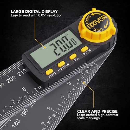LEXIVON Aluminum Digital Angle Finder Gauge, 10-inch/250mm Multi-Purpose Protractor, Includes XL Display and Rugged Zippered Pouch (LX-DAF10) - size: 10 Inch
