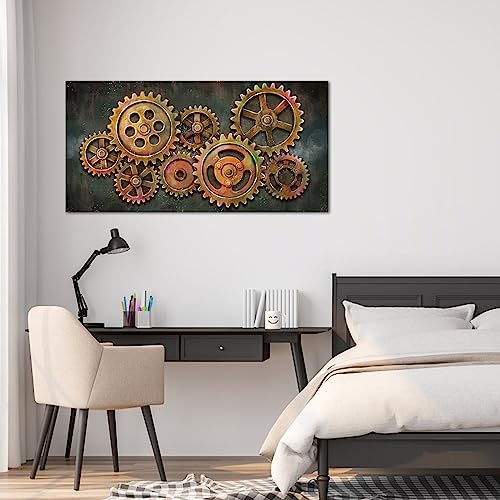 iHAPPYWALL Large Abstract Gear Wheel Canvas Wall Art Industrial Steampunk Mechanical Teamwork Gift for Bedroom Home Office Cafe Bar Decor Ready to Hang 24x48inch