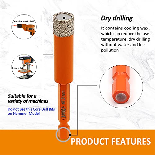 BGTEC Dry Diamond Drill Bits 1pc 1/2 Inch 12mm with Quick Change Hex Shank for Granite Marble Porcelain Tile Ceramic - size: 12mm 1/2"