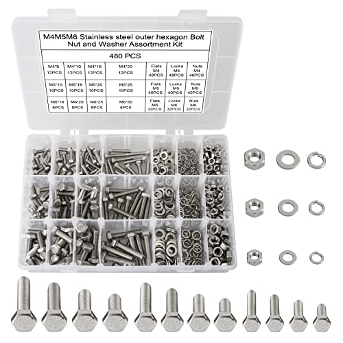 480PCS Metric Hex Head Bolt Assortment, M4 M5 M6 Machine Screw Assortment Kit, A2-70 304 Stainless Steel Hex Bolts and Nuts Kit, Assorted Nuts and Bolts Assortment Kit, Flat & Spring Lock Washers - size: G. M4 M5 M6