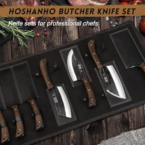 HOSHANHO Butcher Knife Set, Sharp Kitchen Knife Set & Roll Bag Gift for Men | Hand Forged 8PCS Butcher Chef Knife Set with Meat Cleaver Knife & Bone Chopper Knives & Fillet Knives for Home, Camping, BBQ - size: 6.5"