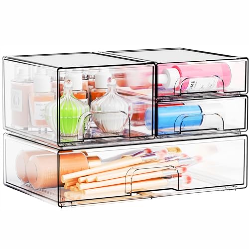Yieach 4 Pack Clear Stackable Storage Drawers,Pull-Out Medicine Cabinet Organizer and Containers,Large Acrylic Organizers Drawers and Bathroom Closet Organizers for Hair Accessories,Makeup Organizer - style: 4 PACK