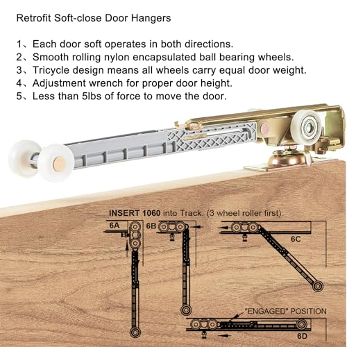 2 Set Pocket Door Soft Close Top Hanger Assemblies Fit for Johnson P/N #1060 & #1062, Works with 100, 134F, 138F, 2610F Series Track, 1" Nylon Ball Bearing Tri-Wheel, Bi-Direction