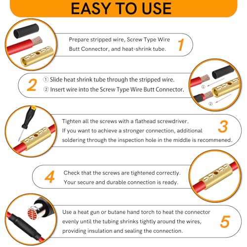 2 Gauge Wire Butt Connectors 6 PCS Brass Mechanical Butt Splice Connectors Kit 2 AWG Mechanical Repair Splice Kit Splice Screw Sleeves 6 PCS Mechanical Splices & 3:1 Heat Shrink Tubes - color: Bare Brass