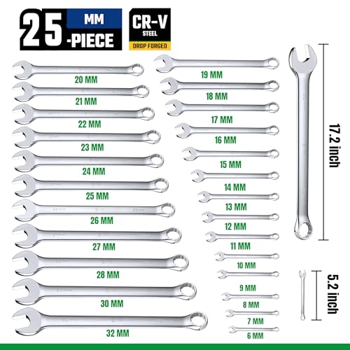 SK Combination Wrench Set, Metric 6 to 32mm, SAE 1/4" to 1-1/4", 42-Piece - size: Metric & SAE 6 to 32 mm